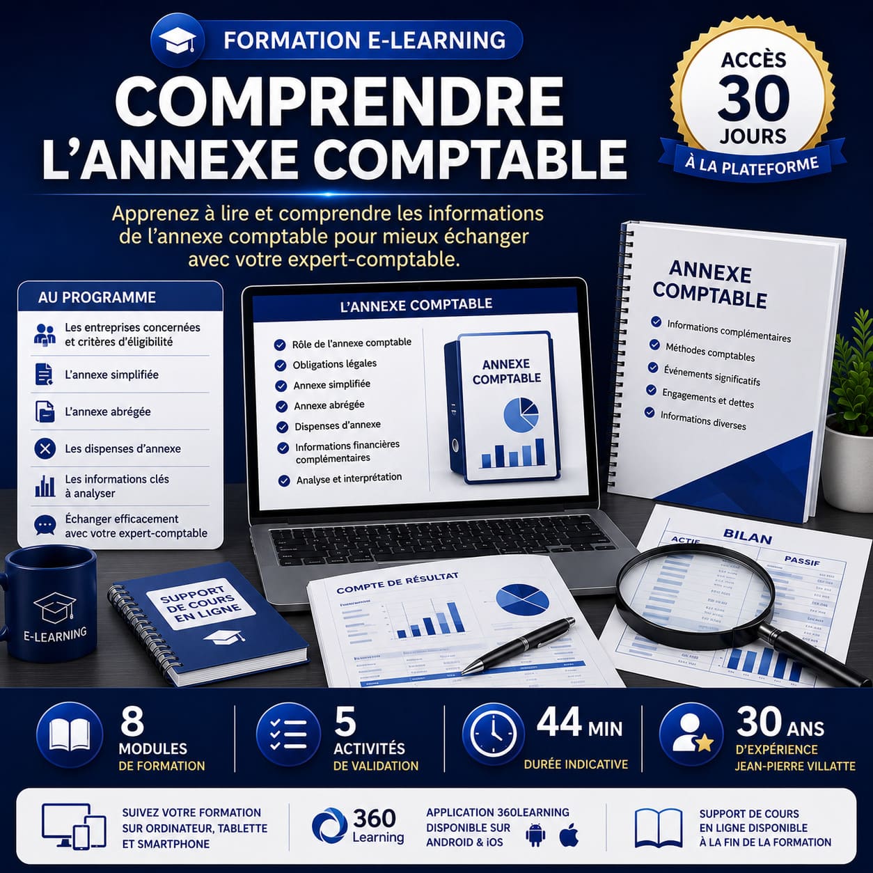 Formation e-learning Comprendre l'annexe comptable pour apprendre à analyser l'annexe simplifiée, l'annexe abrégée, les dispenses d'annexe et les informations financières complémentaires des comptes annuels.