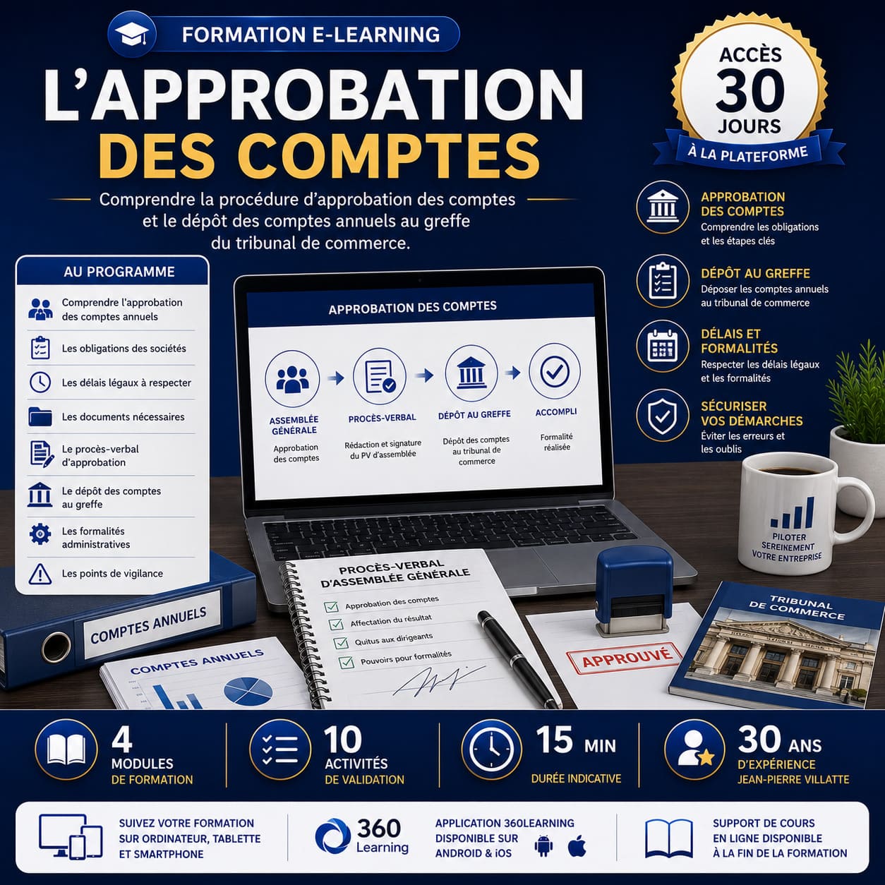 Formation e-learning sur l'approbation des comptes annuels avec procédure d'assemblée générale, procès-verbal, dépôt des comptes au greffe du tribunal de commerce et formalités de clôture d'exercice.