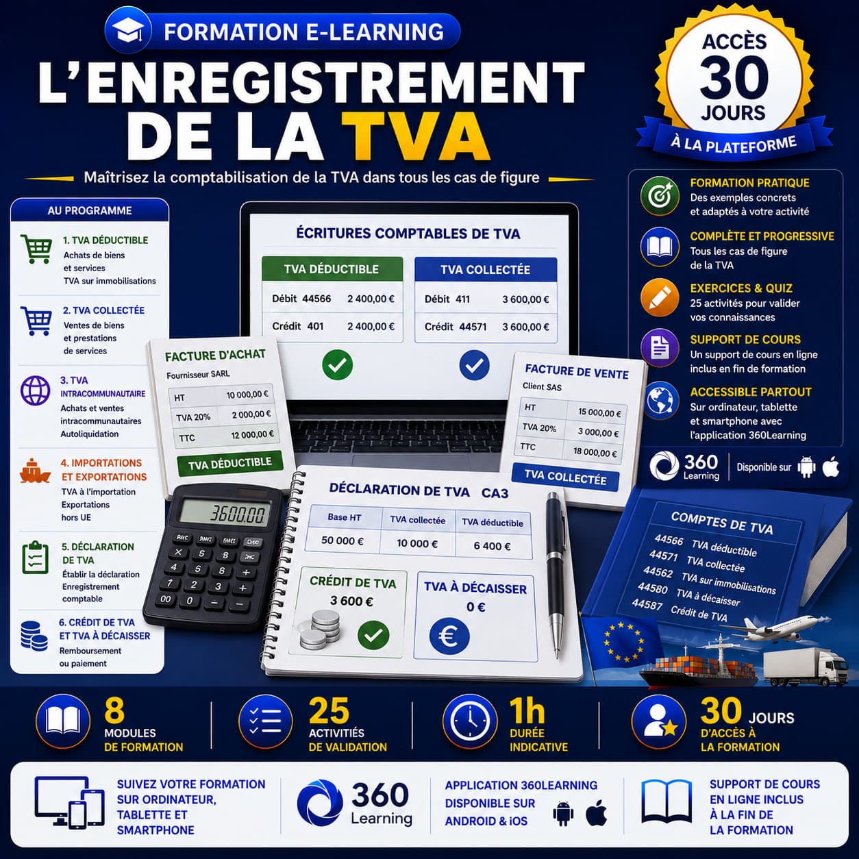 Formation e-learning sur l'enregistrement de la TVA permettant d'apprendre la TVA déductible, la TVA collectée, la TVA intracommunautaire, les importations, les exportations, la déclaration de TVA et le traitement du crédit de TVA.