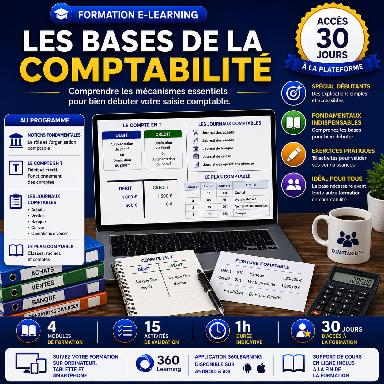 Formation e-learning pour apprendre les bases de la comptabilité, comprendre le débit et le crédit, les comptes en T, les journaux comptables et le plan comptable afin de bien débuter la saisie comptable.