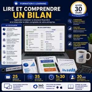 Formation e-learning pour apprendre à lire et comprendre un bilan comptable, analyser l'actif, le passif, les capitaux propres, les dettes, le fonds de roulement, le besoin en fonds de roulement et la trésorerie nette de l'entreprise.