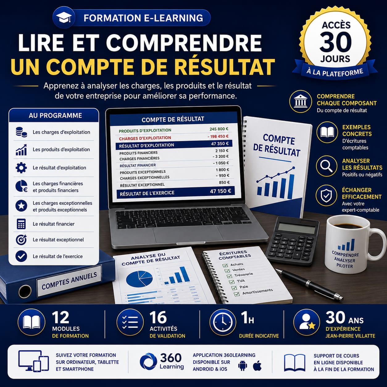 Formation e-learning pour apprendre à lire et comprendre un compte de résultat, analyser les charges et produits d'exploitation, les résultats financiers et exceptionnels, ainsi que les principaux indicateurs de performance de l'entreprise.