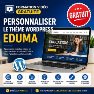 Formation vidéo gratuite sur la personnalisation du thème WordPress EDUMA. Apprenez à acheter un nom de domaine, installer le thème EDUMA, configurer les réglages de base, personnaliser le logo, les dispositions et les couleurs de style.