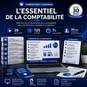 Formation e-learning L'essentiel de la comptabilité comprenant les bases de la comptabilité, la TVA, les achats, les ventes, la paie, les immobilisations et la comptabilité des associations avec 39 cours vidéo et 125 activités.
