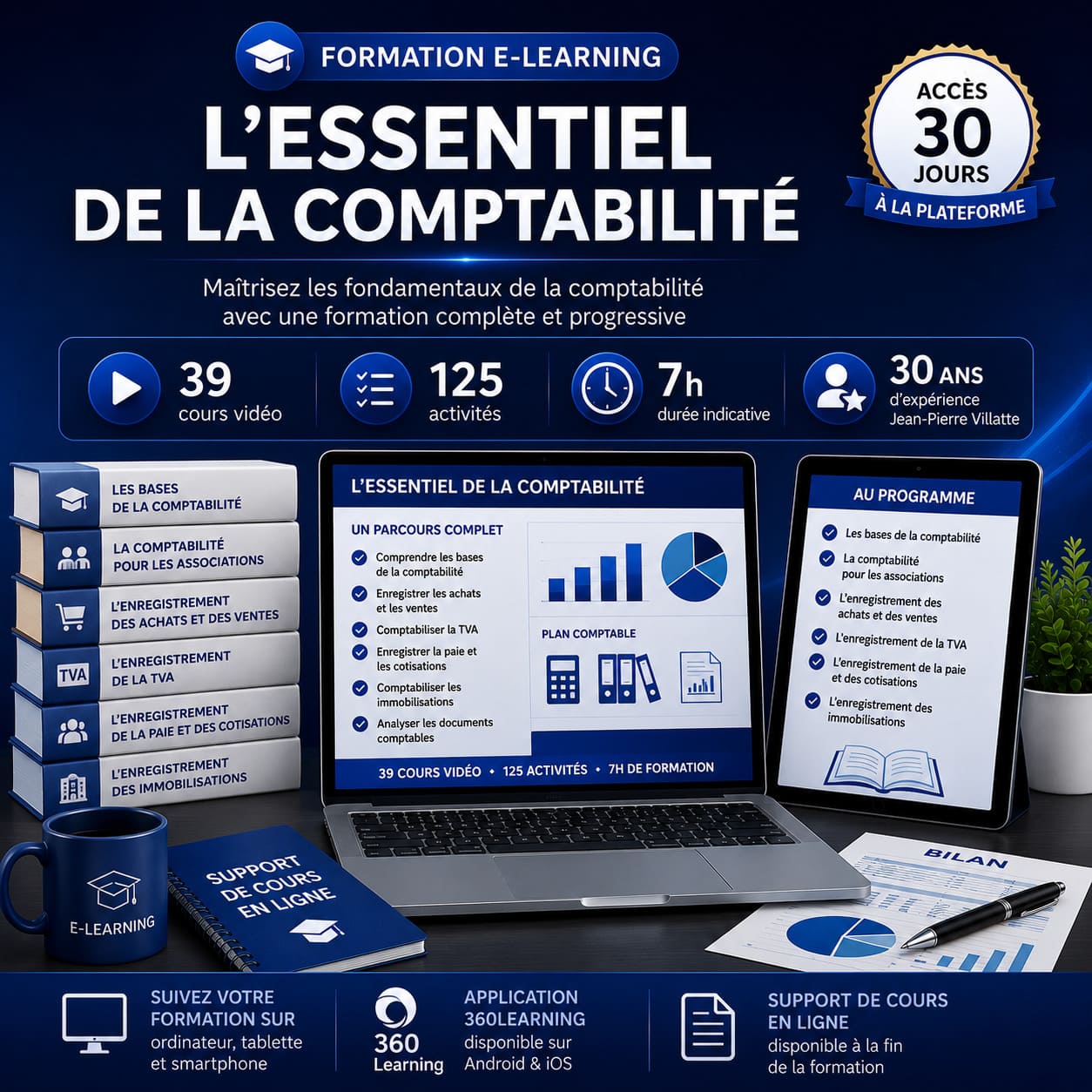 Formation e-learning L'essentiel de la comptabilité comprenant les bases de la comptabilité, la TVA, les achats, les ventes, la paie, les immobilisations et la comptabilité des associations avec 39 cours vidéo et 125 activités.