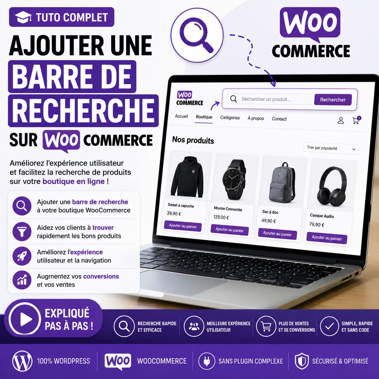 Tutoriel WooCommerce expliquant comment ajouter une barre de recherche performante sur une boutique WordPress afin de faciliter la recherche de produits, améliorer l'expérience utilisateur et augmenter les ventes.