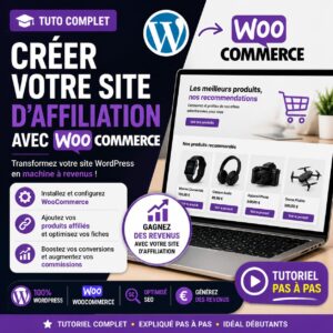 Tutoriel WooCommerce expliquant comment créer un site d'affiliation sous WordPress, ajouter des produits affiliés, optimiser les fiches produits et générer des revenus grâce au marketing d'affiliation.