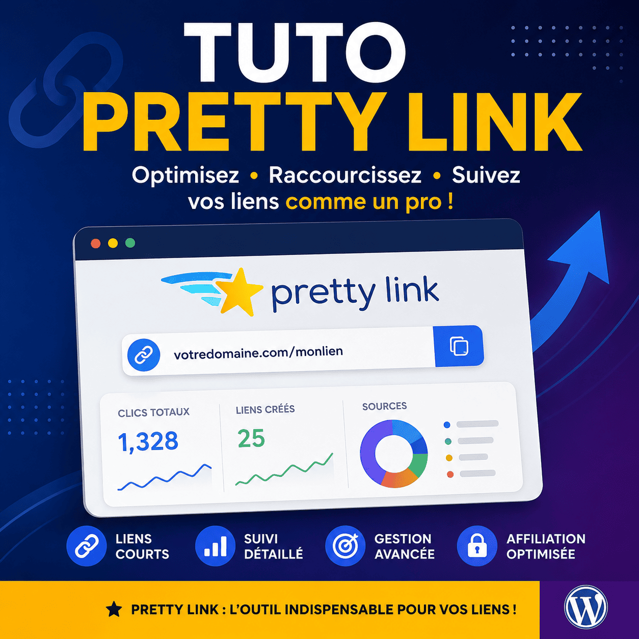 Tutoriel Pretty Link pour WordPress permettant de créer des liens courts, suivre les clics, gérer les redirections et optimiser les liens d'affiliation.