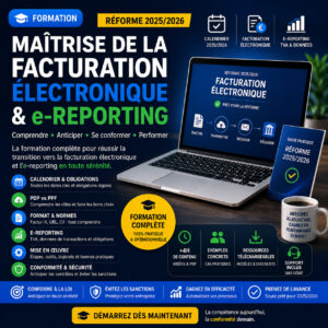 Formation professionnelle sur la facturation électronique et l'e-reporting présentant les obligations de la réforme 2025/2026, le calendrier de déploiement, les PDP, le format Factur-X et les bonnes pratiques pour préparer son entreprise à la transition numérique.