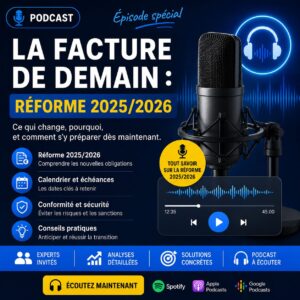 Visuel promotionnel du podcast "La Facture de Demain : Réforme 2025/2026" consacré à la facturation électronique, aux nouvelles obligations des entreprises, au calendrier de la réforme, aux PDP et à la préparation de la transition numérique.