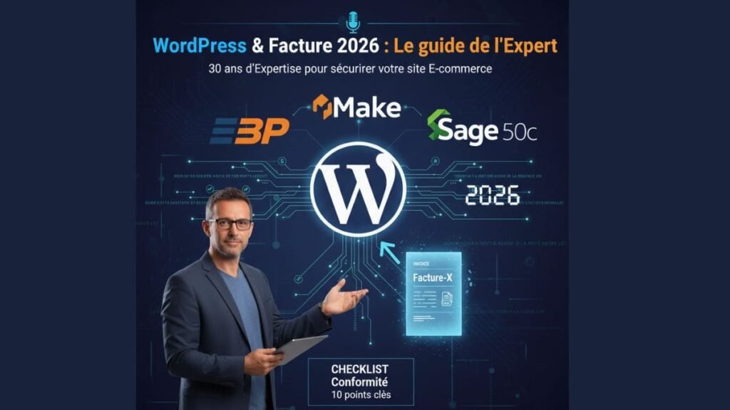 Expert en gestion présentant la conformité Factur-X pour WordPress avec EBP, Sage 50c et Make.