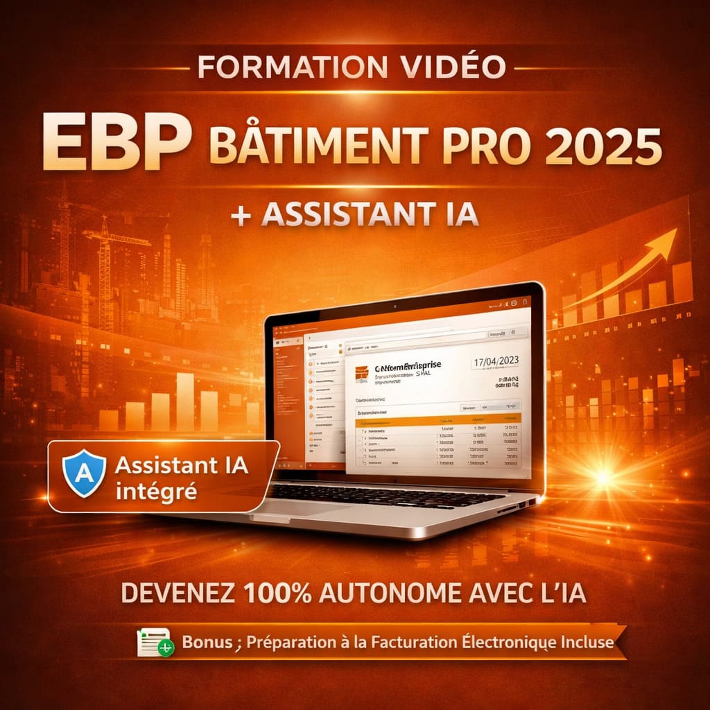Formation EBP Bâtiment PRO 2025 avec assistant IA intégré pour apprendre les devis, la facturation et la gestion de chantier