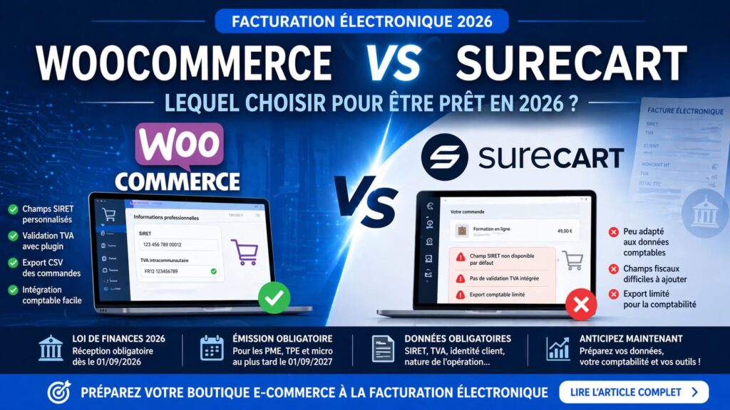 Comparatif WooCommerce et SureCart pour la facturation électronique 2026 avec gestion du SIRET, TVA et export comptable