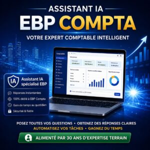 Visuel promotionnel AGORA Assistant IA EBP Compta avec tableau de bord comptable, assistant spécialisé EBP et mention alimenté par 30 ans d’expertise terrain.
