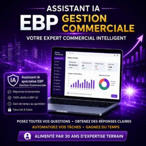 Illustration promotionnelle de l’Assistant IA EBP Gestion Commerciale avec interface ERP commerciale, tableau de bord ventes, statistiques commerciales et intelligence artificielle spécialisée EBP en ambiance violette futuriste.