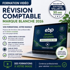 Visuel de formation vidéo Révision Comptable en marque blanche avec personnalisation du logo, des couleurs et des contenus pédagogiques pour cabinets comptables, centres de formation, organismes de formation et experts-comptables.