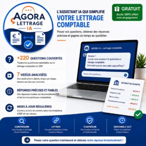 Illustration d'AGORA Lettrage IA présentant un assistant IA spécialisé en lettrage comptable avec plus de 220 questions couvertes, 7 vidéos analysées et une aide pour les comptes clients, fournisseurs, sociaux et fiscaux.