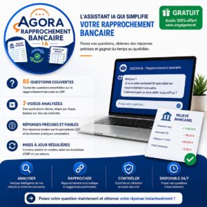 Illustration de l'Assistant IA AGORA Rapprochement bancaire avec 85 questions couvertes, 3 vidéos analysées et un assistant spécialisé pour accompagner les utilisateurs d'EBP Comptabilité dans leurs rapprochements bancaires.