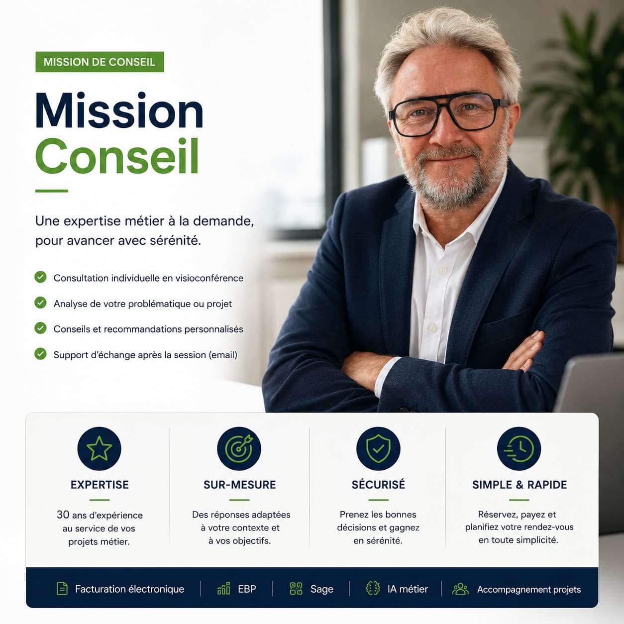 Consultation d’expertise métier avec Jean-Pierre Villatte pour accompagner les projets EBP, Sage, IA et facturation électronique.