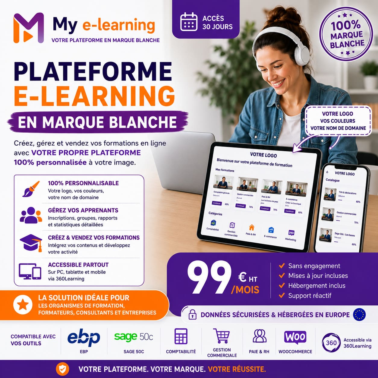 Plateforme e-learning en marque blanche My e-learning avec accès illimité à plus de 4000 formations vidéo et e-learning professionnelles pendant 30 jours.