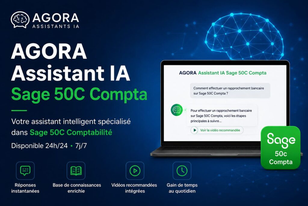 Illustration de l'Assistant IA AGORA Sage 50C Compta avec interface d'intelligence artificielle, réponses instantanées, vidéos de formation intégrées et assistance 24h/24 pour maîtriser Sage 50C Comptabilité.