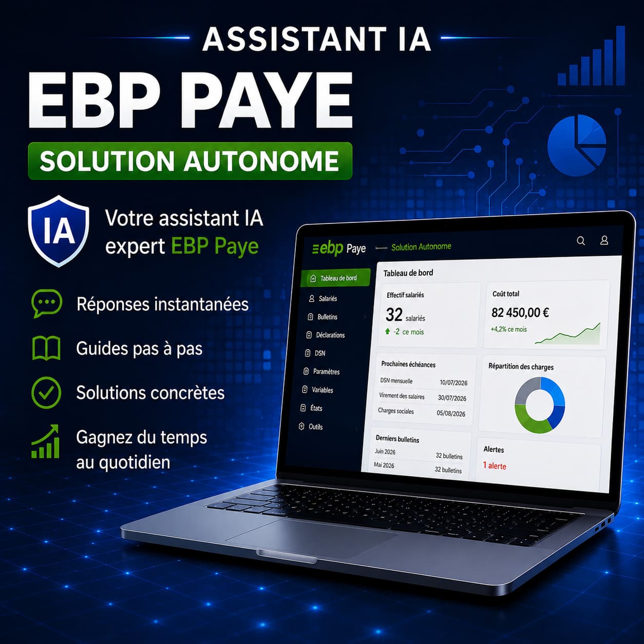 Illustration de l'Assistant IA EBP Paye Solution Autonome AGORA, un assistant intelligent qui répond instantanément aux questions sur EBP Paye, guide les utilisateurs pas à pas et facilite le paramétrage ainsi que la gestion de la paie.