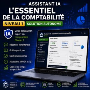 Illustration de l'Assistant IA L'Essentiel de la Comptabilité Niveau 1 avec accès pendant 30 jours. L'assistant répond à plus de 3 774 questions sur les bases de la comptabilité, les écritures comptables, la TVA, la paie, les immobilisations et les amortissements pour accompagner les apprenants pas à pas.