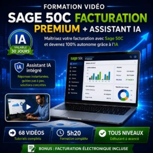 Formation vidéo Sage 50C Facturation Premium avec Assistant IA AGORA, 68 vidéos, 5 h 20 de formation, badge IA valable 30 jours, bonus facturation électronique incluse.