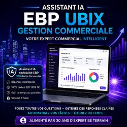 Visuel promotionnel AGORA Assistant IA spécialisé EBP UBIX Gestion Commerciale avec tableau de bord commercial, automatisation des tâches, réponses intelligentes et expertise métier dédiée à EBP UBIX GC.