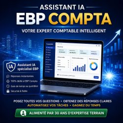 Visuel promotionnel AGORA Assistant IA EBP Compta avec tableau de bord comptable, assistant spécialisé EBP et mention alimenté par 30 ans d’expertise terrain.