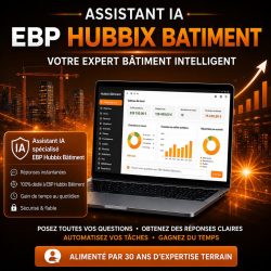 Affiche promotionnelle orange et noire pour Assistant IA EBP HUBBIX Bâtiment avec tableau de bord bâtiment, gestion des chantiers, devis, factures et automatisation des tâches.