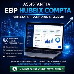Visuel promotionnel de l’Assistant IA EBP HUBBIX Compta avec interface comptable HUBBIX, tableau de bord financier, intelligence artificielle spécialisée EBP, ambiance technologique bleue futuriste et assistant métier dédié à la comptabilité.