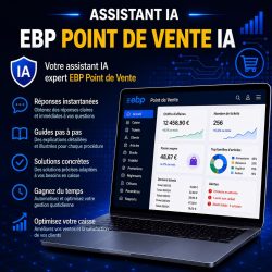 Visuel promotionnel de l'Assistant IA EBP Point de Vente IA présentant une interface moderne EBP Point de Vente sur ordinateur portable, avec les principales fonctionnalités : réponses instantanées, guides pas à pas, solutions concrètes, gain de temps et optimisation de la gestion de caisse.