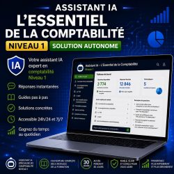 Illustration de l'Assistant IA L'Essentiel de la Comptabilité Niveau 1 avec accès pendant 30 jours. L'assistant répond à plus de 3 774 questions sur les bases de la comptabilité, les écritures comptables, la TVA, la paie, les immobilisations et les amortissements pour accompagner les apprenants pas à pas.