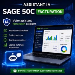 Assistant IA Sage 50C Facturation AGORA, assistant intelligent dédié à la facturation avec réponses instantanées, guides pas à pas, solutions concrètes, gain de temps et bonus facturation électronique incluse.