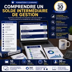 Formation e-learning sur les soldes intermédiaires de gestion (SIG) permettant de comprendre la marge commerciale, la valeur ajoutée, l'EBE, les résultats financiers et la capacité d'autofinancement pour analyser la performance de l'entreprise.