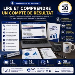 Formation e-learning pour apprendre à lire et comprendre un compte de résultat, analyser les charges et produits d'exploitation, les résultats financiers et exceptionnels, ainsi que les principaux indicateurs de performance de l'entreprise.