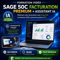 Formation vidéo Sage 50C Facturation Premium avec Assistant IA AGORA, 68 vidéos, 5 h 20 de formation, badge IA valable 30 jours, bonus facturation électronique incluse.