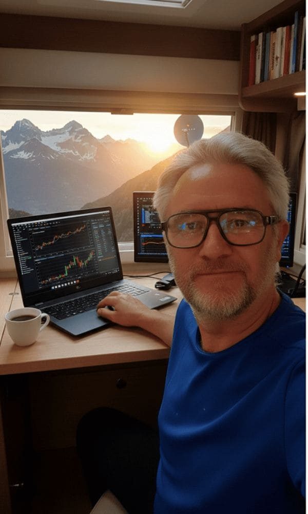 Jean-Pierre Villatte, expert en formations EBP, Sage et comptabilité, travaillant dans son bureau mobile avec des interfaces d'intelligence artificielle et de gestion cloud.